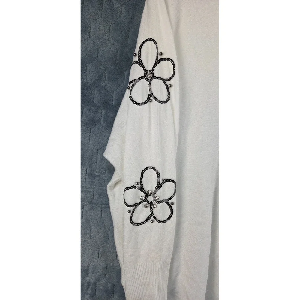 LIV Milano Cream Sweater Black Sequin Flowers‎ Sz 2XL Rhinestone Holiday Whimsy